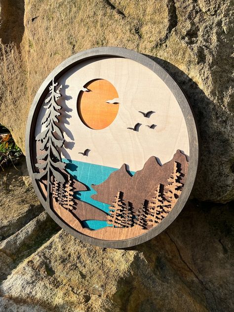 Rustic 3D Mountain Scene / Mountain Wood Art / Boho Decor - Etsy Laser Cut Wall Decor, Lion Canvas Painting, 3d Mountain, Mountain Wood Art, Handmade Candles Diy, Laser Cut Decor, Wood Slice Art, Acrylic Wall Decor, Layered Art