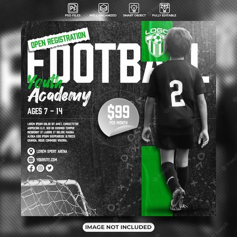 Soccer Academy Poster, Football Academy Design, Football Academy Poster, Soccer Social Media Design, Football Social Media Design, Soccer Fit, Football Social Media, Soccer Template, Sports Social Media