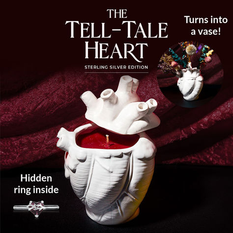 Edgar Allen Poe fans will love our Tell-Tale Heart Candle that turns into a VASE and has a HIDDEN RING inside!! The ultimate collectible and wonderful gift idea, this one of a kind Fragrant Jewels offering is an FJ exclusive and includes one of several custom designed sterling silver rings. Edgar Allen Poe Aesthetic, Hidden Ring, Heart Candles, Gothic Love, Jewel Candles, The Tell Tale Heart, Gordon Lightfoot, Fragrant Jewels, Edgar Allen