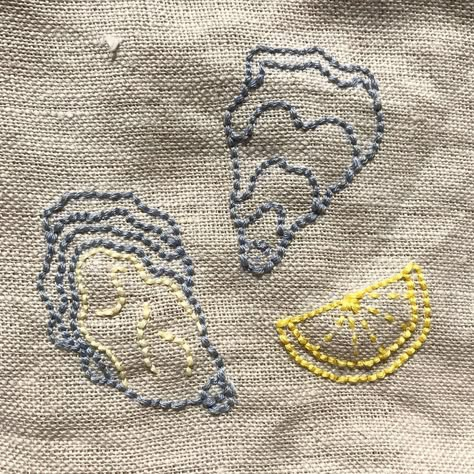 Sarah 🪡🧵 Thread The Word | OYSTERS 🦪 Yay or nay? . . . #oysters #seafood #oysterflex #oysterbar #embroidery #embroiderydesign #embroideryart #illustration… | Instagram Fun Embroidery Patterns, Hand Embroidery Art Simple, Oyster Embroidery, Seafood Embroidery, Oyster Illustration, Embroidery Aesthetic, Fish Embroidery, Home Embroidery, Diy Tote