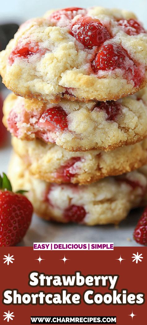 Strawberry Shortcake Cookies Strawberry Shortcake Cookies Recipe, Xmas Salads, Strawberry Shortbread Cookies, Strawberry Cream Cheese Cookies, Best Sugar Cookie Icing, Fresh Strawberry Desserts, Shortcake Cookies, Sugar Cookie Icing Recipe, Breakfast Dessert Recipes