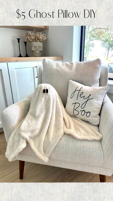 Boho Ghost Decor, Ghost Shaped Pillow, Diy Cozy Halloween Decor, How To Make Gus The Ghost Pillow, Halloween Cushion Diy, Ghost Mantle Decor, Cheap And Easy Fall Decor, Sherpa Ghost Pillow, Ghost Living Room Decor