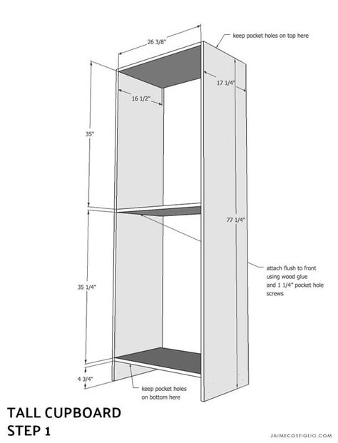 tall cupboard - buildsomething.com How To Build A Tall Cabinet, How To Build A Tall Cabinet With Doors, How To Build A Pantry Cabinet, Diy Tall Cabinet, Diy Kitchen Storage Cabinet, Diy Kitchen Cupboards, Tall Cupboard, Pantry Plans, Building Kitchen