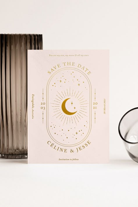 Interesting Save The Date Ideas, Celestial Save The Date Ideas, Celestial Wedding Stationery, Celestial Invitation Design, Celestial Save The Date, Celestial Wedding Invite, Celestial Invitations, Vintage Celestial Wedding, Boho Celestial Wedding