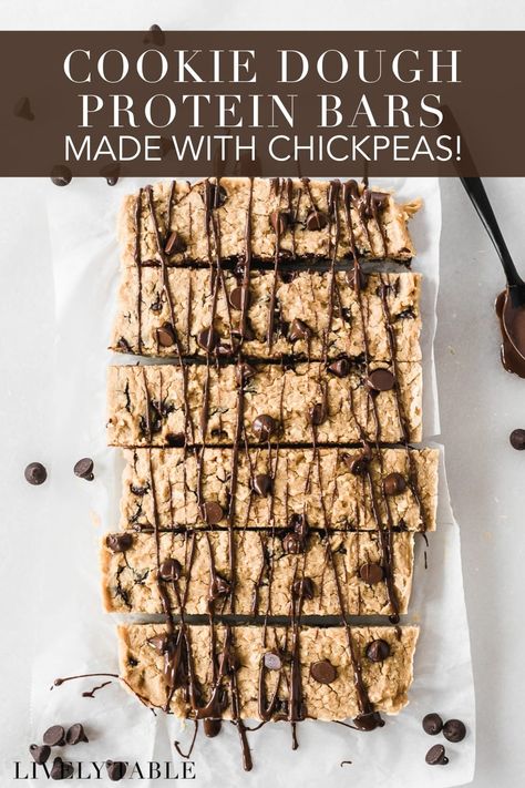 Homemade healthy chickpea cookie dough protein bars are easy to make with just a few simple pantry staples, and they taste like chocolate chip cookie dough! They're a great make-ahead snack with no protein powder. (vegetarian, gluten-free, dairy-free option) Chickpea Protein Bars, Chickpea Chocolate Chip Cookie, Healthyish Desserts, Cookie Dough Protein Bars, Chickpea Chocolate Chip Cookies, Chocolate Chip Cookie Dough Bars, Chickpea Chocolate, Chickpeas Protein, Cookie Dough Protein