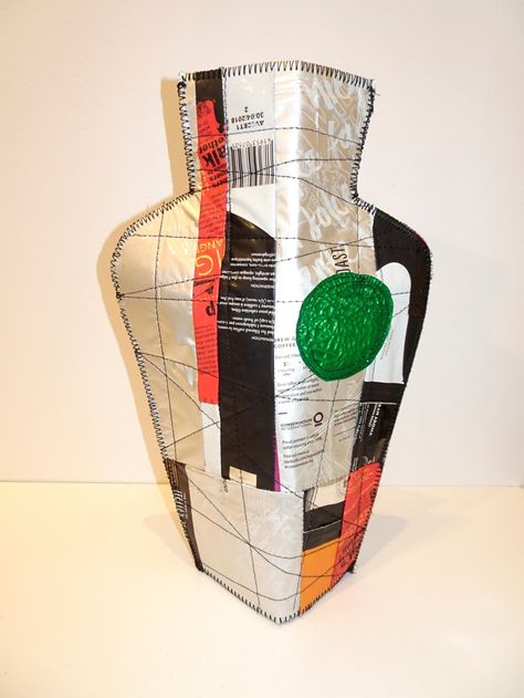 Trash-Stash Bottle-Sleeve Vases. Eleanor Levie - Author, teacher, designer, book producer with emphasis on quiltmaking Fabric Vase, Paper Vase, Bottle Sleeves, Vase Shapes, Craft Club, Straight Stitch, Free Fun, Emphasis, Paper Mache