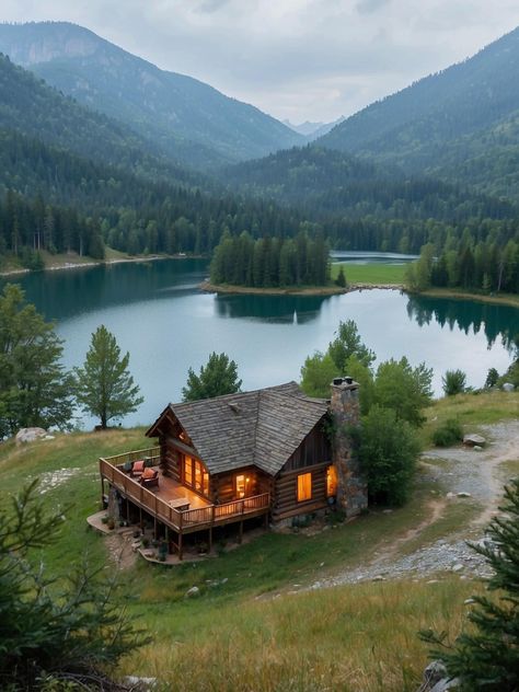 Log Cabin In Forest, House Lake Forest, Cabin On A Lake, Dream House Aesthetic, Cabin Tiny House, Countryside Cottage, Cabin In The Mountains, Fairy House Diy, Fall Getaways