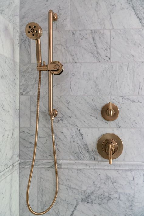 Brass And Marble Bathroom, Marble Shower Niche Ideas, Carrara Chateau Polished Marble Tile, Carrara Marble Shower Ideas, Statuario Marble Bathroom, Marble Carrara, Bianca Carrara Bathroom, Carrara Marble Bathroom Paint Color, Marble Subway Tile Shower Walls