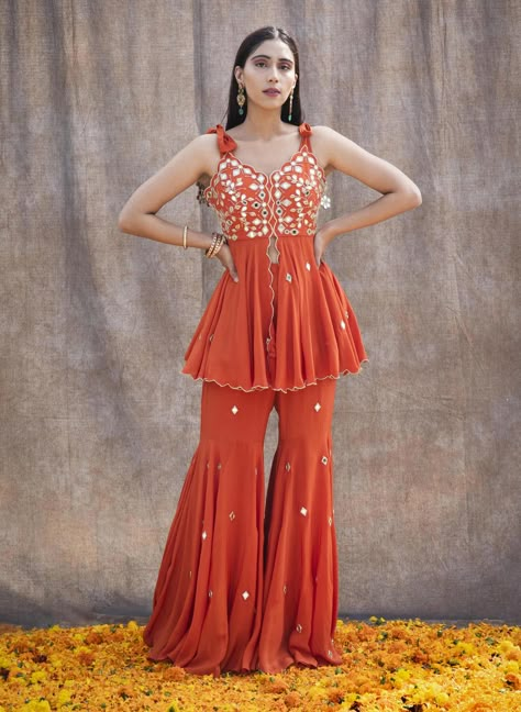 Sharara Peplum Top, Sharara And Top, Orange Wedding Outfit, Orange Sharara Suit, Orange Indian Outfit, Sharara Suit Indian Designers, Orange Sharara, Sarara Dress, Indian Outfits Modern