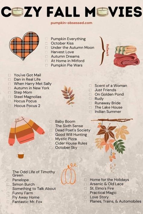 Fall Comfort Movies, Romantic Fall Movies, Fall Romcoms, Cozy Autumn Movies, Good Fall Movies, Autumn Movies List, Cozy Fall Movies, Hallmark Fall Movies, Fall Watchlist