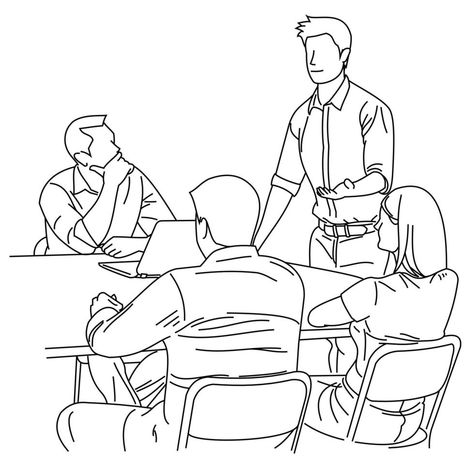 Illustration of line drawing a employee or business team discussing a strategy of their company with leaders in the office. Group of business people sitting and discussing in groups in the office Talking Drawing, The Office Group, People Drawing, Business Team, People Talking, Childrens Drawings, Poster Drawing, Wedding People, Group Of People