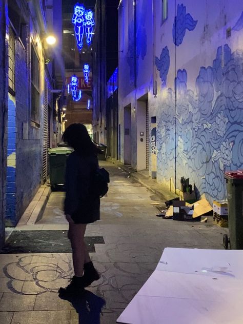 posing in an alleyway with blue lights blurred Alleyway Poses, Alleyway Aesthetic Photoshoot, Alleyway At Night, Couple In Alleyway, Alley Cat Aesthetic, Blue Lights, Strike A Pose, Picture Poses, Blue