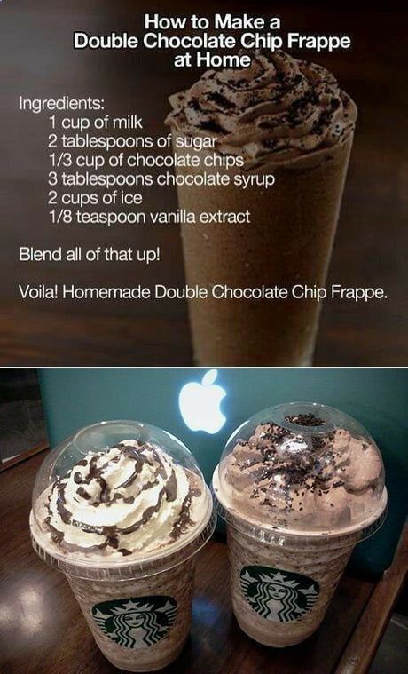 Double Chocolate Chip Frappe, Chocolate Chip Frappe, Starbucks Secret Menu Recipes, Fun Drink Recipe, Frappe Recipe, Coffee Recipes Starbucks, Iced Drinks Recipes, Cold Coffee Recipes, Frappuccino Recipe