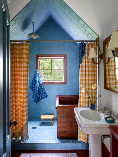 More of a Chromatic Getaway on the Massachusetts Coast | Architectural Digest Yellow Shower Curtains, French Dining Chairs, Attic Bathroom, Brass Bed, Custom Sectional, Blue Tiles, Fabric Shower Curtains, Blue Walls, Architectural Digest