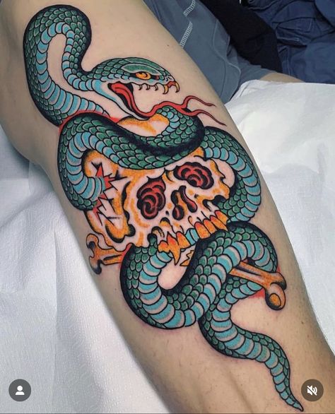 Animal Tattoos Traditional, Traditional Rattlesnake Tattoo, Colored Snake Tattoo, Neo Trad Snake, Skull American Traditional Tattoo, Trad Snake Tattoo, Traditional Back Piece Tattoo, Snake Tattoo Traditional, Japanese Skull Tattoo