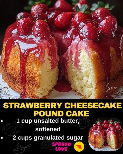 Strawberry Cheesecake Pound Cake Gluten Free Pound Cake Easy, Strawberries And Cream Cake Recipe, Greek Yogurt Pound Cake Recipe, Strawberry Cheesecake Pound Cake Recipe, Strawberry Cheesecake Bundt Cake, Pound Cake Charcuterie Board, Pound Cake Cheesecake, Strawberry Bliss Pound Cake, Strawberry Sauce For Angel Food Cake