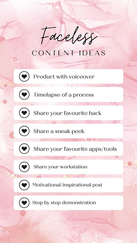 Faceless content ideas for Instagram! No Face Content Ideas, Faceless Content Creator, Faceless Youtube Ideas, Beauty Content Ideas For Instagram, Faceless Content Ideas, Building Clientele, Content Ideas For Instagram, Social Media Growth Strategy, Business Strategy Management