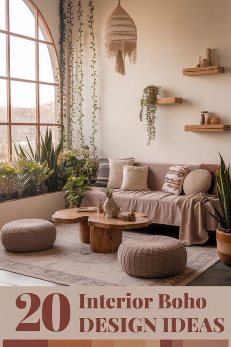 A stylish boho living room featuring deco boheme accents, lush plants, and a neutral color palette. Bohemian Design Interior, Boho Decorations Living Room, Minimalist Bohemian Living Room, Bohemian Style Interior Design, Living Room Design Boho, Modern Bohemian Decor, Bohemian Decor Inspiration, Bohemian Living Room Decor, Earthy Living Room