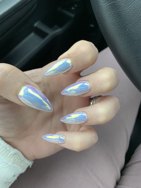 White Nails With Blue Chrome, Blueberry Milk Nails Chrome, White With Blue Chrome Nails, Pale Blue Chrome Nails, Duochrome Nails, Blue Aura Chrome Nails, Pointy Nails, Nails Blue, Blue Palette