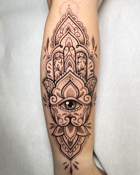 Thigh Tattoos Spiritual, Hasma Tattoo, Hamsa Tattoos, Small Hamsa Tattoo, Tattoos Trending, Fatima Hand Tattoo, Calf Tattoos For Women, Hamsa Tattoo Design, Hamsa Hand Tattoo