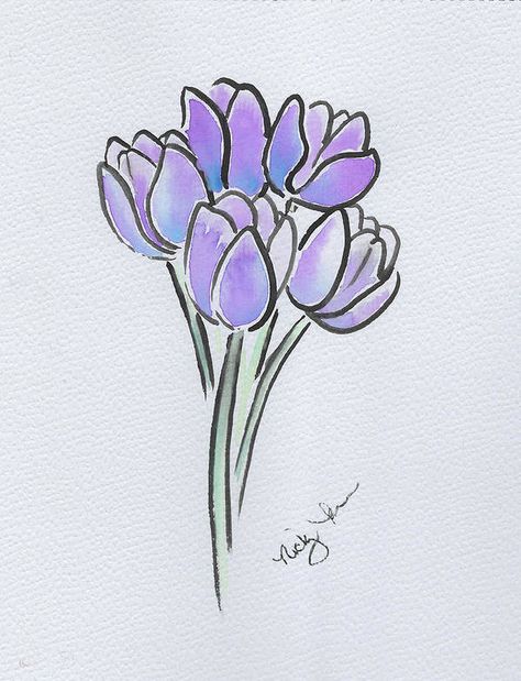 Line Art Romantic, Watercolor Art Floral, Drawing Purple, Tulip Drawing, Wildflower Drawing, Easy Flower Drawings, Purple Wildflowers, Tulip Painting, Tulips Art