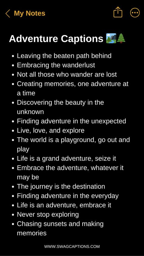 Embark on a journey of words with Adventure Captions For Instagram! Whether you're scaling mountains or exploring new horizons, find the perfect caption to capture the essence of your daring escapades. From adrenaline-fueled moments to serene landscapes, ignite wanderlust in your followers with our collection of epic adventures in every line. Let your stories unfold and your captions inspire as you embrace the spirit of adventure on every post! Adventure Captions For Instagram, Funny Camping Quotes, Adventure Captions, Captions For Guys, Walking Quotes, Mountain Quotes, Nature Quotes Adventure, Inspirational Funny, Quotes Nature