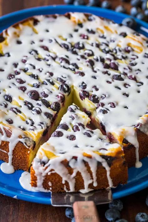 This easy Blueberry Ricotta Cake with lemon glaze is perfect served as a coffee or breakfast cake. Ricotta cake is a delicately sweet and elegant dessert with a clafoutis-like texture. #ricottacake #breakfastcake #blueberryricottacake #blueberrycake #cake #natashaskitchen Ricotta Coffee Cake, Blueberry Ricotta Cake, Thanksgiving Desserts Pie, Natasha Kitchen, Cake With Blueberries, Pan Desserts, Blueberry Ricotta, Ricotta Cake Recipes, Strawberry Cake Easy