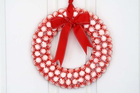 peppermint wreath Holiday Wreath Craft, Easy Diy Christmas Decor, Peppermint Wreath, Starlight Mints, Diy Christmas Decor Ideas, Diy Hanging Shelves, Diy Christmas Decor, Whimsical Wreaths, Diy Christmas Decorations Easy