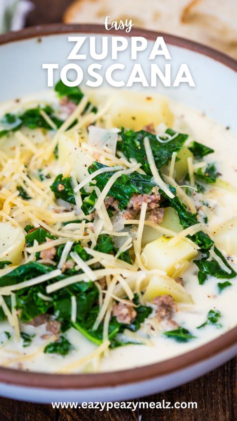 the easiest and creamiest soup, zuppa toscana is an Olive garden copycat that screams comfort food. Olive Garden Soup Zuppa, Copycat Zuppa, Zuppa Toscana Soup Olive Garden, Zuppa Toscana Soup Recipe, Toscana Soup Recipe, Copycat Zuppa Toscana, Olive Garden Soups, Bourbon Chicken Recipe, Sausage Kale