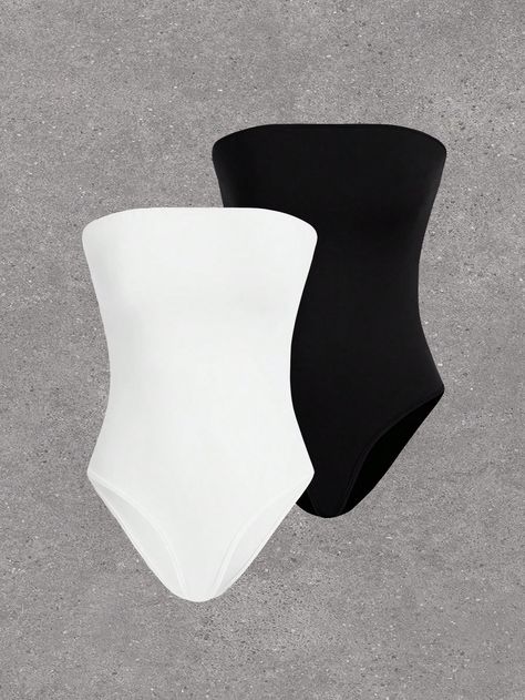 SHEIN EZwear 2pcs/Set Solid Color Strapless Shapewear Bodysuit Seamless Thong Body Shaper For Women Tummy Control Slim Body SuitsI discovered amazing products on SHEIN.com, come check them out! Strapless Shapewear, Strapless Bodysuit, Fitted Romper, White Bandeau, Ribbed Knit Bodysuit, Women Crew Socks, Shapewear Bodysuit, Strapless Jumpsuit, Knit Bodysuit