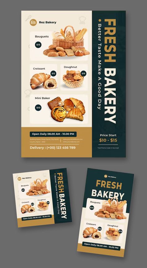 Bakery Catalogue Flyer Template AI, EPS, PSD + Instagram Post and Story Design Catering Catalogue Design, Food Poster Design Layout Flyer Template, Menu Catalogue Design, Instagram Menu Design, Bakery Banner Design Ideas, Bakery Poster Design Ideas, Menu Bakery Design, Bakery Flyer Design Ideas, Bakery Catalogue