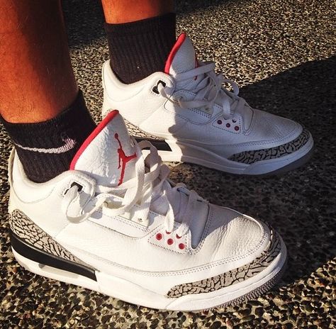 Nike Air Jordan 3 Retro White Cement with the sunset Retro 3s, Jordan 3 White Cement, Baddie Ideas, Nike Air Jordan 3, Jordan Retro 3, Retro 3, Custom Nike Shoes, White Cement, Jordan 3 Retro