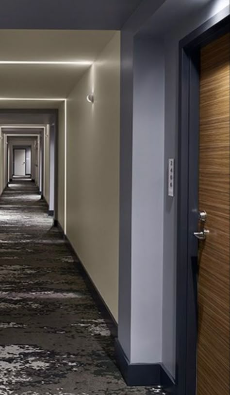 Apartment Hallway Aesthetic, Condo Lobby Design, Apartment Corridor Design, Apartment Building Hallway, Hallway Aesthetic, Hotel Corridors, Chapter Design, Apartment Corridor, Apartment Hallway