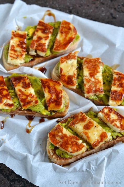 This sounds delicious - need to find Haloumi (high melting point cheese) !!  Grilled Haloumi, Avocado and Pomegranate Molasses Tartine | NotEnoughCinnamon.com Halloumi Avocado, Switchel Recipe, Grilled Halloumi, Toasted Bread, Pomegranate Molasses, Melting Point, Think Food, Kielbasa, Molasses