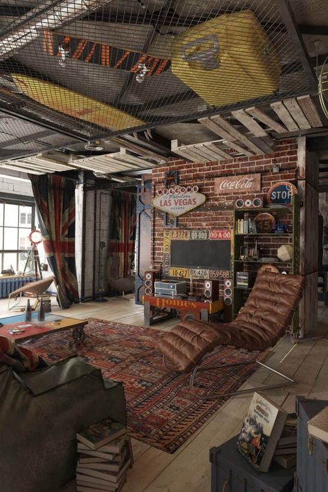 Bachelor's loft in Moscow features modern-vintage charm Urban Style Interior, New Yorker Loft, Men Apartment, New York Loft, Living Room Recliner, Decor Studio, Vintage Industrial Decor, Joker Wallpapers, Loft Living