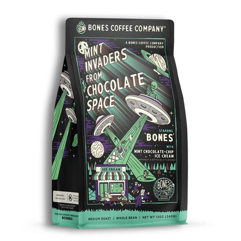 Bones Coffee Company stands out as an enticing alternative to what usually lines the shelves at the local grocery store. As small batch roasters, we bring imaginative flavors and colorful artwork to our customers. Bones Coffee provides seriously fresh, delicious coffee right to your doorstep. Our loyal customers have fueled our success and ignited our passion to keep bringing delectable flavors and unique experiences in every cup. Bones Coffee, Mint Chocolate Ice Cream, Mint Chocolate Chip Ice Cream, Arabica Coffee Beans, Flavored Coffee, Ground Coffee Beans, Mint Chocolate Chip, Chocolate Chip Ice Cream, Medium Roast Coffee