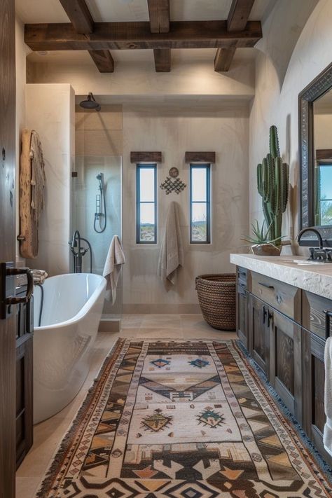 And All Shall Be Well Modern Ranch Bathroom, Southwest Bathroom Ideas, Hacienda Style Bathroom, Ranch House Bathroom, Modern Spanish Style Homes Interior, Hacienda Bathroom, Southwest Bathroom, Spanish Style Bathrooms Mexico, Southwestern Interior Design