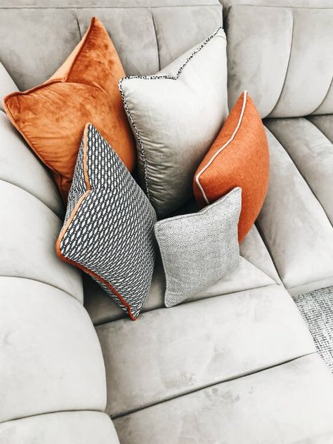 Rust Cushions On Grey Sofa, Light Grey Sofa Cushion Ideas, Light Gray Sofas, Top Highlights, Milan Furniture, Grey Sofa, Orange Cushions, House Color Palettes, Industrial Interiors