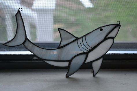 Blue Stained Glass Art, Stained Glass Shark Pattern, Shark Stained Glass Patterns, Stained Glass Shark, Shark Research, Shark Stuff, Glass Shark, Shark Art, Stained Glass Ornaments