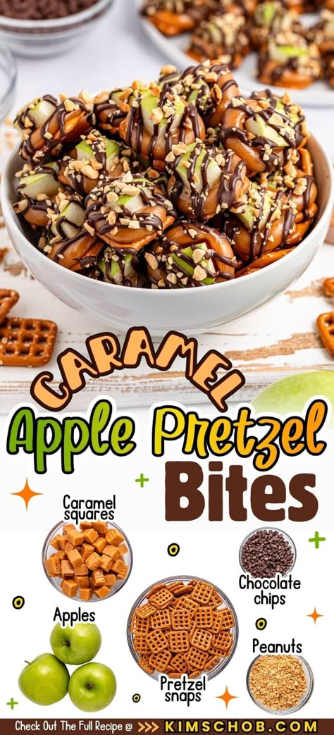 Bowl of caramel apple pretzel bites with ingredients displayed below. Caramel Apple Truffles, Caramel Apple Pretzel Bites Recipes, Chocolate Caramel Apple Bark, Apple Pretzels, Caramel Apple Bites, Try New Food, Apple Bites, Chocolate Caramel Apples, Pretzel Bites Recipes