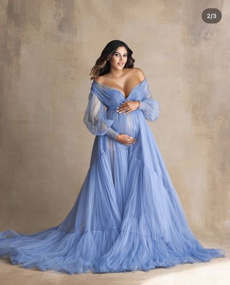 Blue Bridal Robe, Babyshower Dress, Vestidos Para Baby Shower, Tulle Maternity Dress, Dress For Photoshoot, Long Sleeve Maternity Dress, Dresses For Pregnant Women, Shower Outfits, Pregnancy Photography