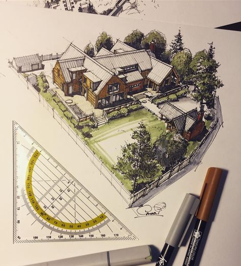 Amazing work by @stasarchitector. An aerial view sketch of a house. Futuristic Workshop, Architecture Watercolor, Airbnb Cabin, Interior Architecture Sketch, Perspective Sketch, Master Planning, Furniture Design Sketches, Architectural Presentation, Perspective Drawing Architecture