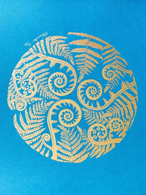 Handmade linocut Copper Fern on blue - 30x30 - Brittany - Nature - Linoprint-Contemporary Art-Limited edition art -Home decoration - #logo #logodesign #elegantlogo Fern Logo Design, Fern Linocut, Flowers Linocut, Fern Logo, Doula Logo, Mandala Logo, Fiddlehead Ferns, Decoration Logo, Lino Cuts