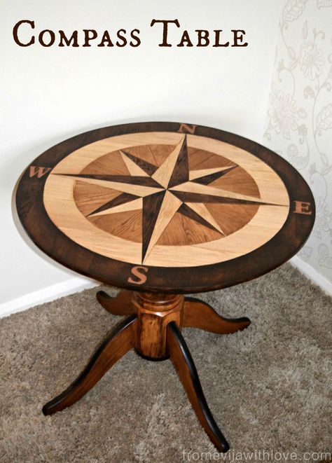 DIY wood and stain Compass Rose Table using floor planks cut out like a puzzle.  Fabulous! Geometric Furniture Design, Geometric Furniture, Oak Floorboards, Diy Furniture Building, Farmhouse Flooring, Compass Design, Woodworking Patterns, A Compass, Table Top Design