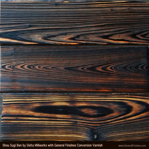 Shou-Sugi-Bahn Wood Siding with General Finishes Conversion Varnish by Delta Millworks of Austin, TX Burned Wood Finish, Shou Sugi Ban House, Japanese Exterior, Burnt Wood Finish, Black Houses, Burned Wood, Charred Wood, Sugi Ban, Shou Sugi Ban