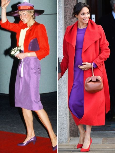 Outfit Vestido Rojo, Diana Outfits, Meghan Markle Style, Style Royal, Diana Fashion, Kate And Meghan, Colorful Outfits, Purple Outfits, Purple Skirt