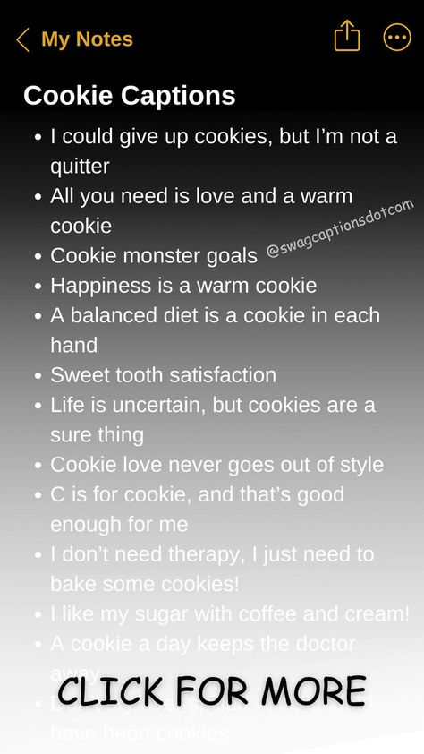 Looking for the perfect way to sweeten up your Instagram feed? Our collection of "Cute Cookie Instagram Captions" is here to help! Whether you’re sharing a photo of your latest baking creation, enjoying a delicious treat, or showcasing beautifully decorated cookies, these captions will add a touch of charm to your posts. From funny cookie puns to heartwarming quotes about baking, we've got you covered. Perfect for cookie lovers, bakers, and anyone who appreciates a delightful dessert! Cookies Captions Instagram, Cookie Quotes Funny Cute, Quotes About Baking, Baking Cookies Quotes, Cookie Puns, Beautiful Captions, Baker Quotes, Cookies Logo, Cookie Quotes