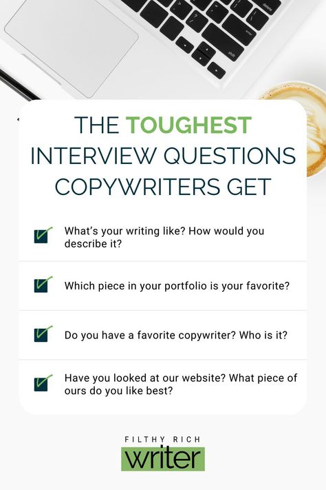 As you learn how to be a copywriter you'll need to follow copywriting tips for how to ace copywriting interviews with potential clients. One tip is to be prepared to speak about your copywriting portfolio and to name your favorite copywriting sample from it. Check out this post to find out the toughest interview questions for copywriters and interview tips for how you can nail them in your interviews. #copywritingtips #copywritinginterview #howtobeacopywriter How To Be A Copywriter, Creative Writing Jobs, Tough Interview Questions, Copywriting Portfolio, Trick Questions, Filthy Rich, Make Money Writing, Interview Questions And Answers, Job Interview Questions