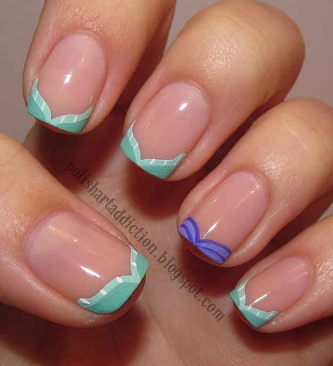 These Ariel-inspired tips are definitely doable. | 16 Examples Of Disney Nail Art That Will Render You Speechless Sparkly French Manicure, Minnie Nails, Little Mermaid Nails, Mermaid Effect, Disney Nail, Nagel Tips, Nail Art Disney, Her Nails, Mermaid Nails