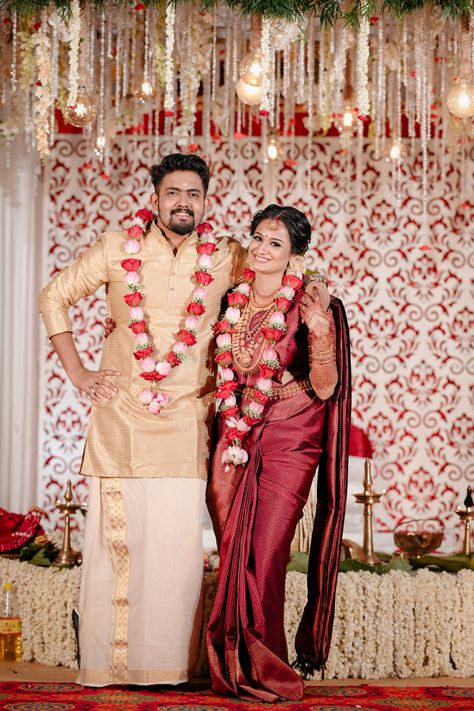 Vishnu V Nair and Kavya wedding Pics Reception Saree For Bride, Engagement Couple Dress, Wedding Matching Outfits, Marriage Poses, Stylish Boy Clothes, Indian Bride Poses, Wedding Outfits For Groom, Indian Wedding Poses, Kerala Wedding